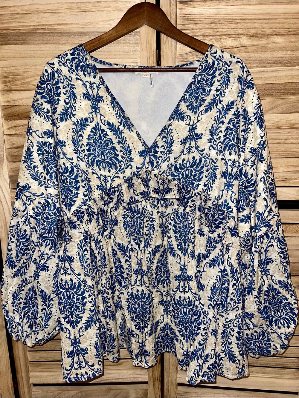 Entro 1X Blue & Ivory Floral Babydoll Peplum Blouse Boho Cottagecore Western Top - Picture 2 of 9